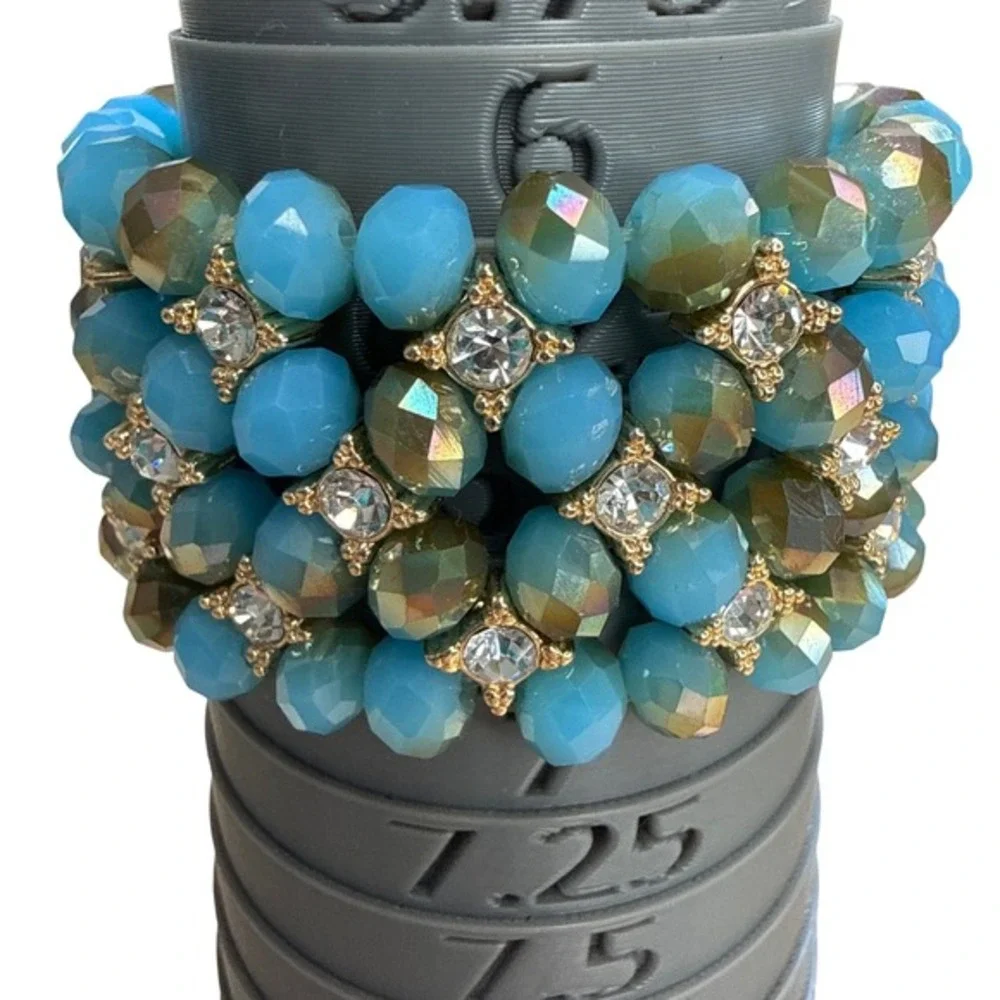 Beaded Stretch Bracelet Blue Bronze Rhinestone Statement Cuff‎